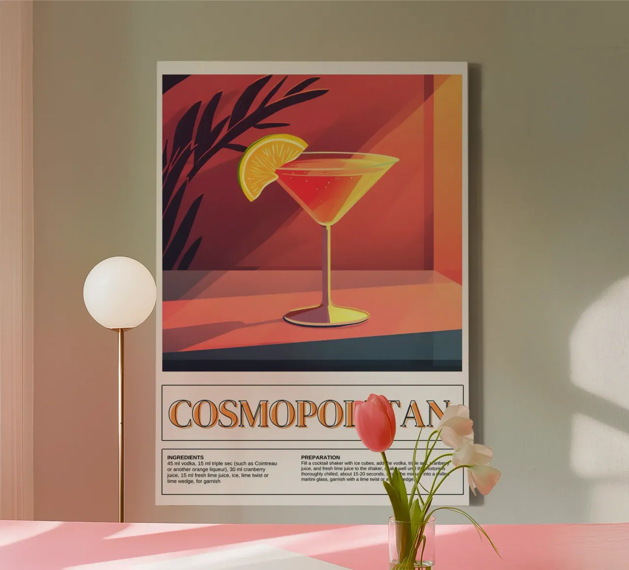 Cosmopolitan Cocktail, Bar Decor, Retro Print canvas met Baklijst van vintagepod