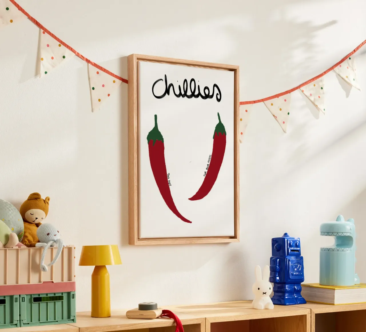Chilipepers Art Print, Keukendecoratie, Pittig eten canvas met Baklijst van vintagepod