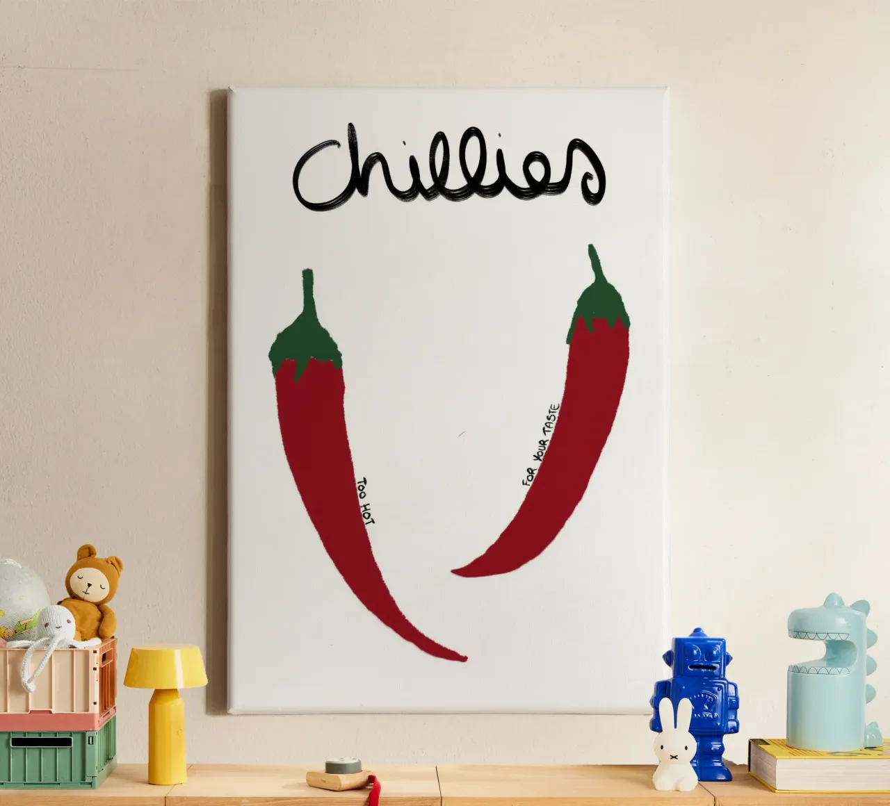 Chilipepers Art Print, Keukendecoratie, Pittig eten canvas met Baklijst van vintagepod