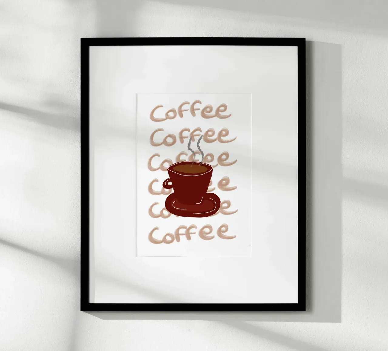 Caffè caffè caffè, decorazioni per la cucina, arte del mattino poster con telaio in plastica da vintagepod