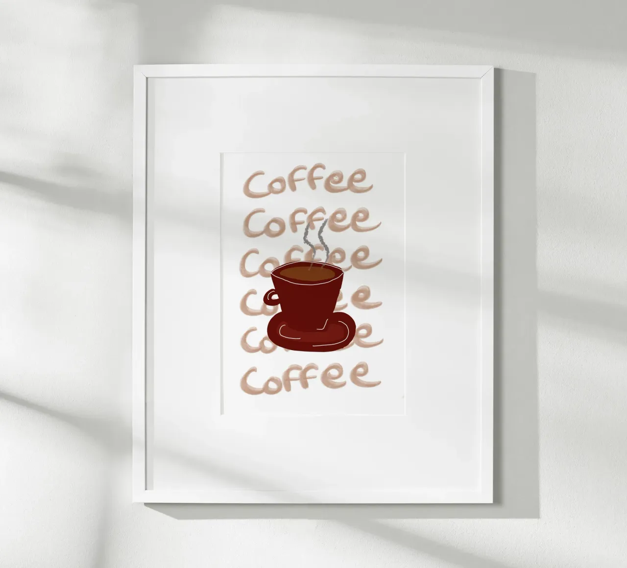 Caffè caffè caffè, decorazioni per la cucina, arte del mattino poster con telaio in plastica da vintagepod