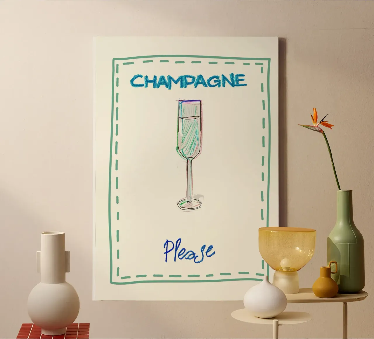 Champagne s'il vous plaît ! Impression abstraite, décoration de bar toile avec Caisse américaine de vintagepod