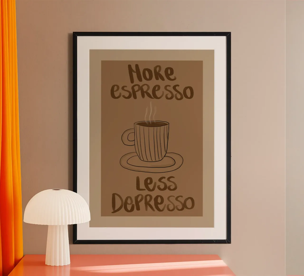 Mehr Espresso, weniger Depresso, Zitat Kaffee Poster mit Aluminium Rahmen von vintagepod