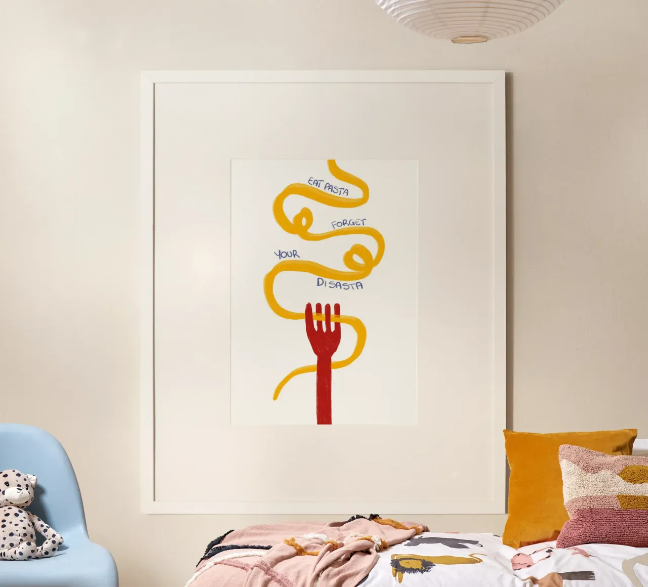 Essen Sie Pasta, vergessen Sie Ihren Disasta, lustiges Zitat Poster mit Kunststoffrahmen von vintagepod