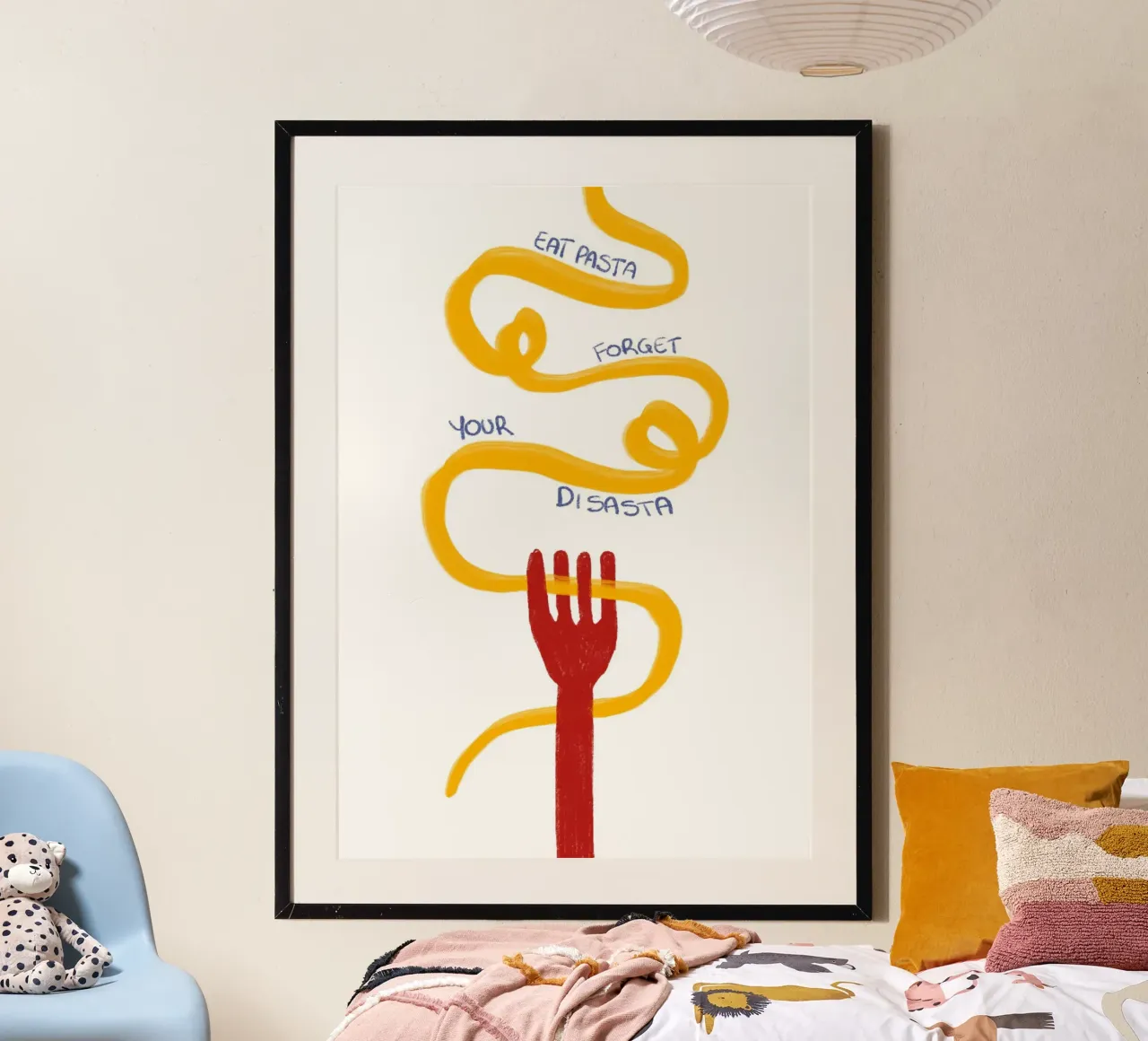 Essen Sie Pasta, vergessen Sie Ihren Disasta, lustiges Zitat Poster mit Kunststoffrahmen von vintagepod