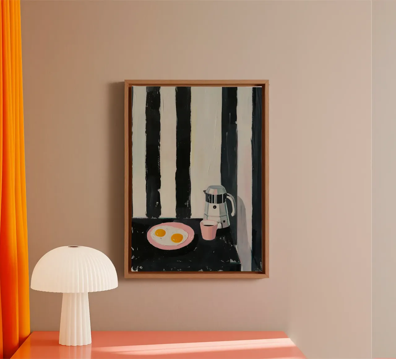 Ontbijt Stilleven, Eieren en Koffie, Moderne Kunst canvas met Baklijst van vintagepod