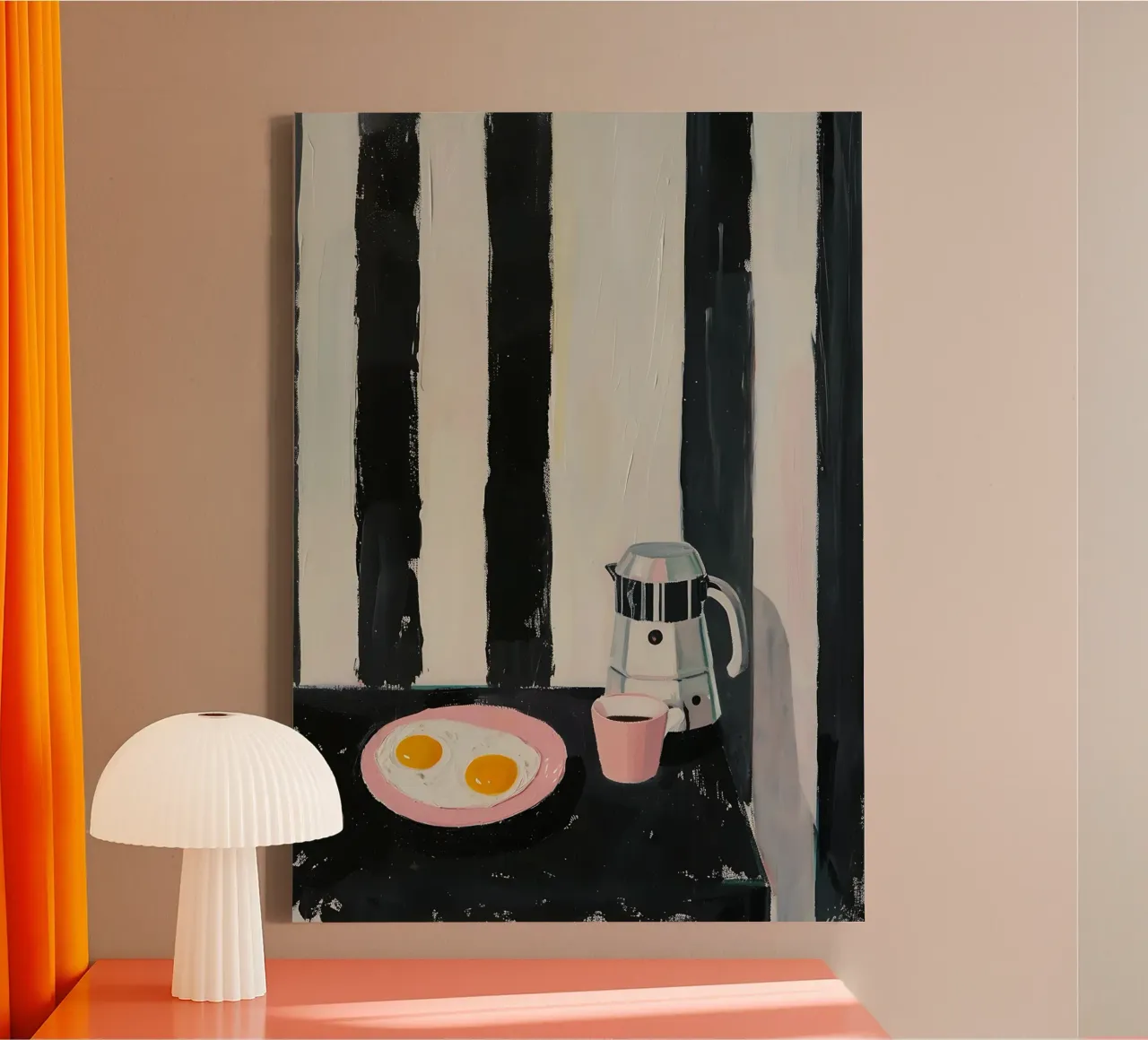 Ontbijt Stilleven, Eieren en Koffie, Moderne Kunst canvas met Baklijst van vintagepod