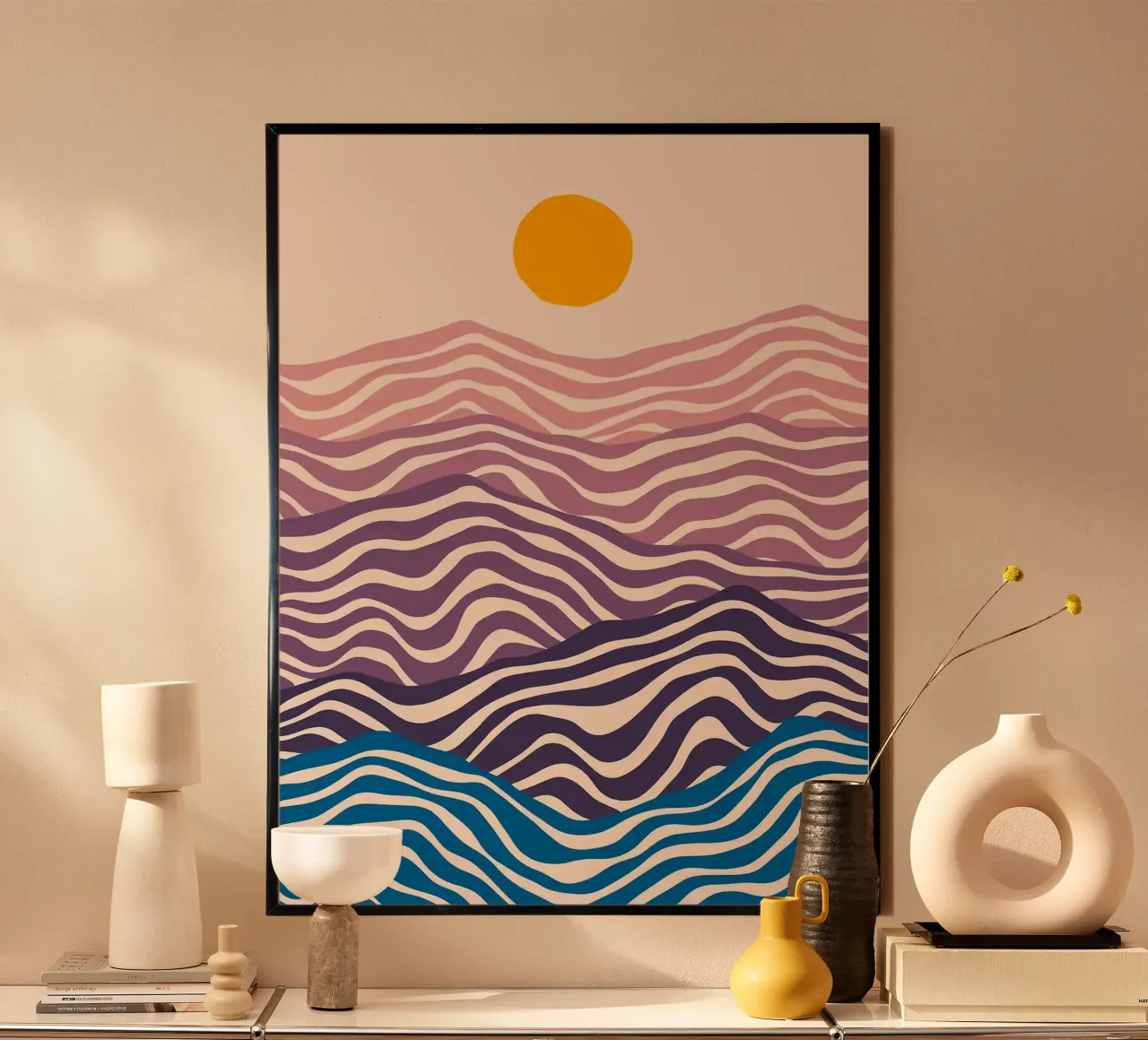 Tramonto wawe poster con telaio in legno da Maria Lang