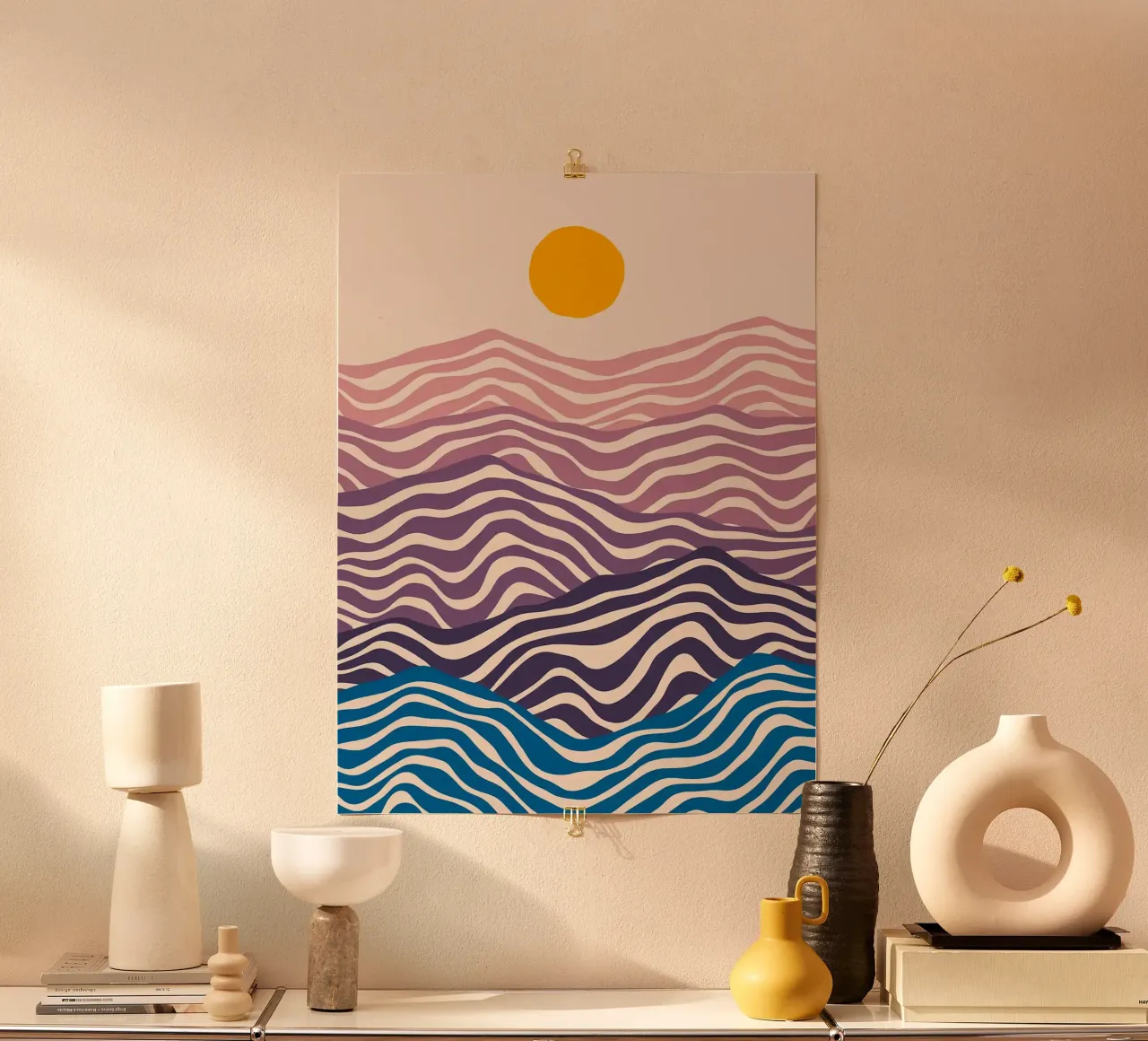 Tramonto wawe poster con telaio in legno da Maria Lang