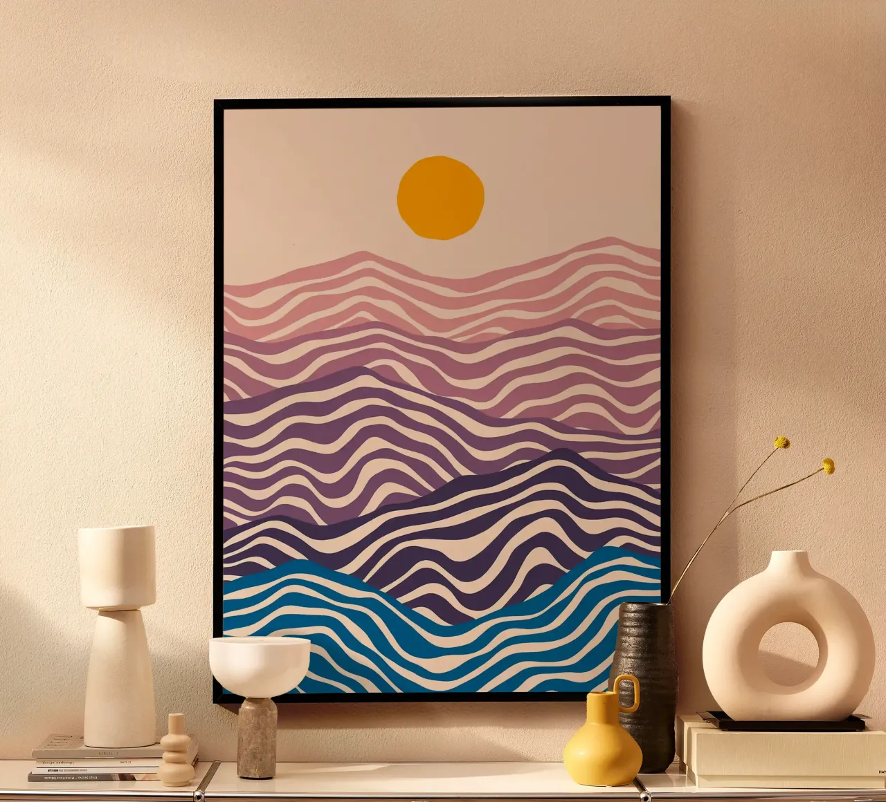 Tramonto wawe poster con telaio in legno da Maria Lang