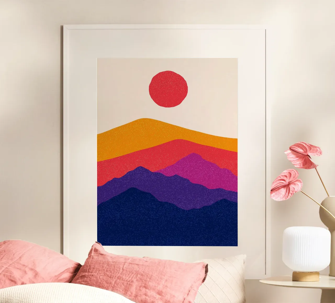 Paesaggio montano colorato con il sole poster con telaio in legno da Maria Lang