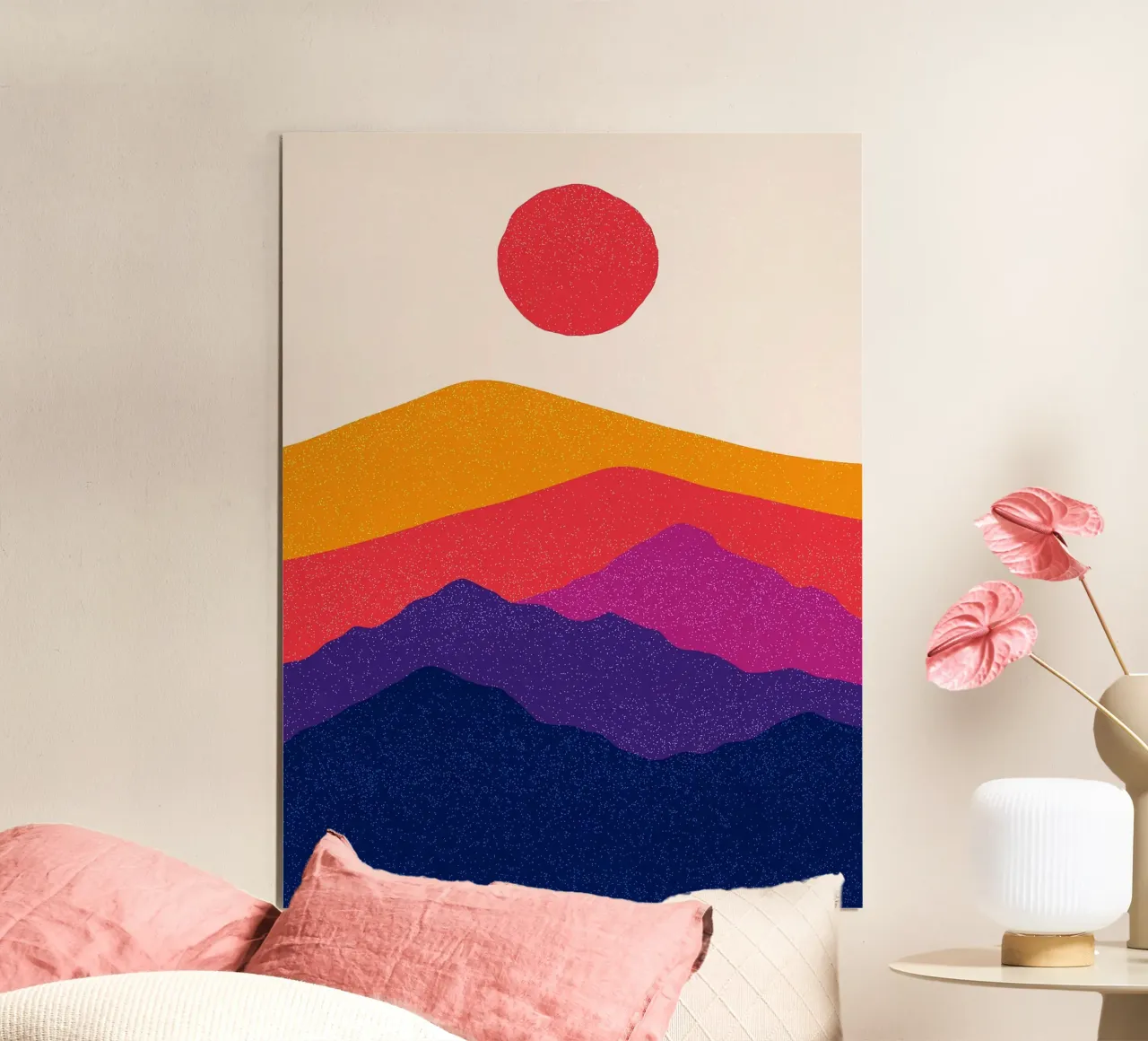 Paesaggio montano colorato con il sole poster con telaio in legno da Maria Lang