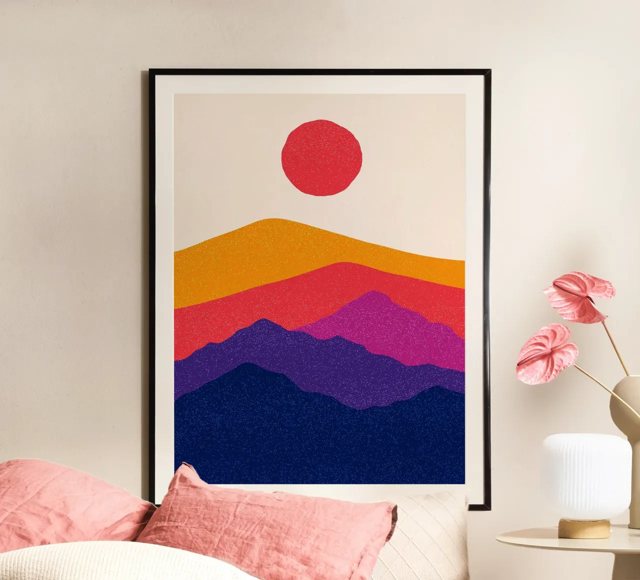 Paesaggio montano colorato con il sole poster con telaio in legno da Maria Lang