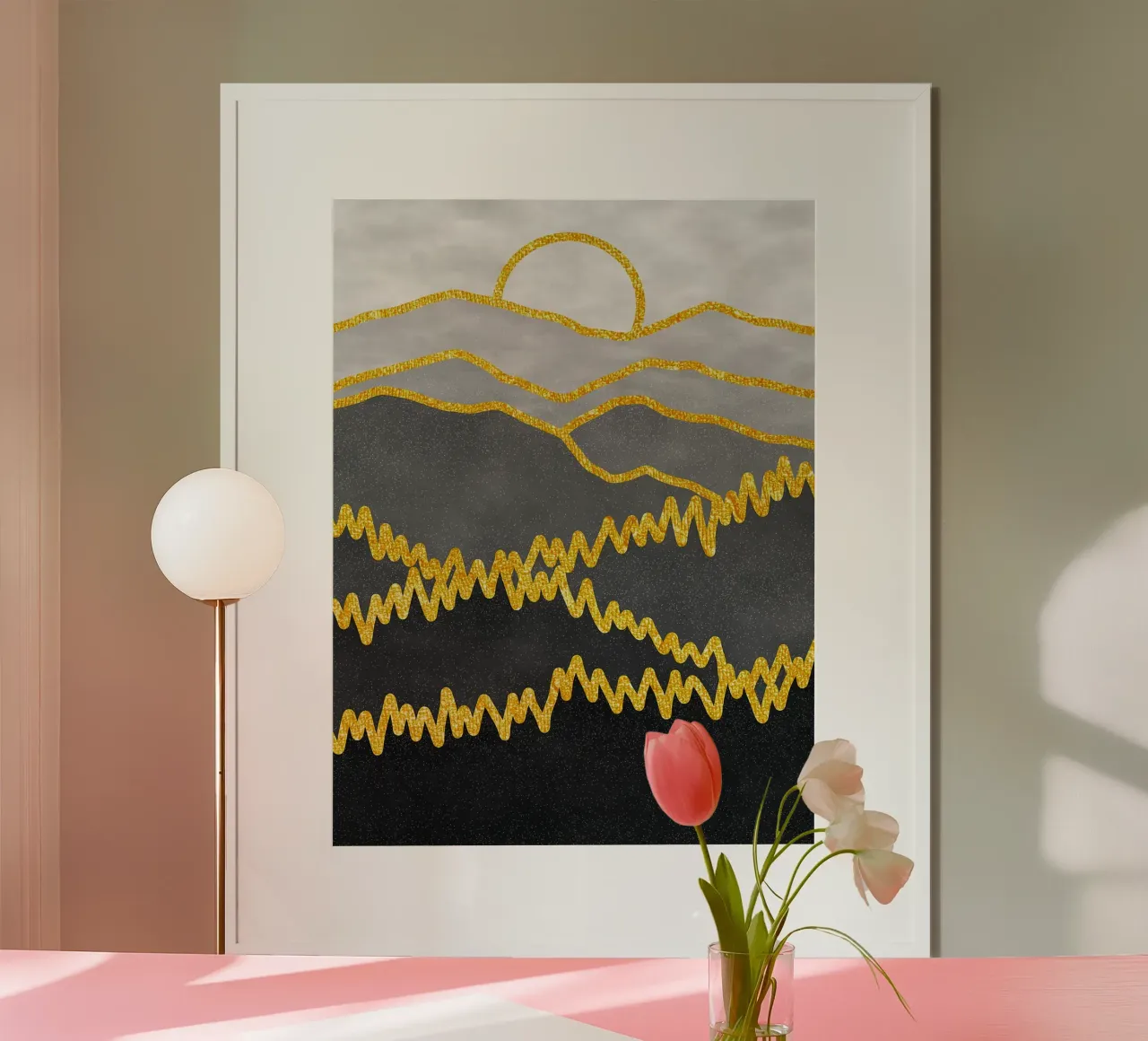 oro di montagna poster con telaio in legno da Maria Lang