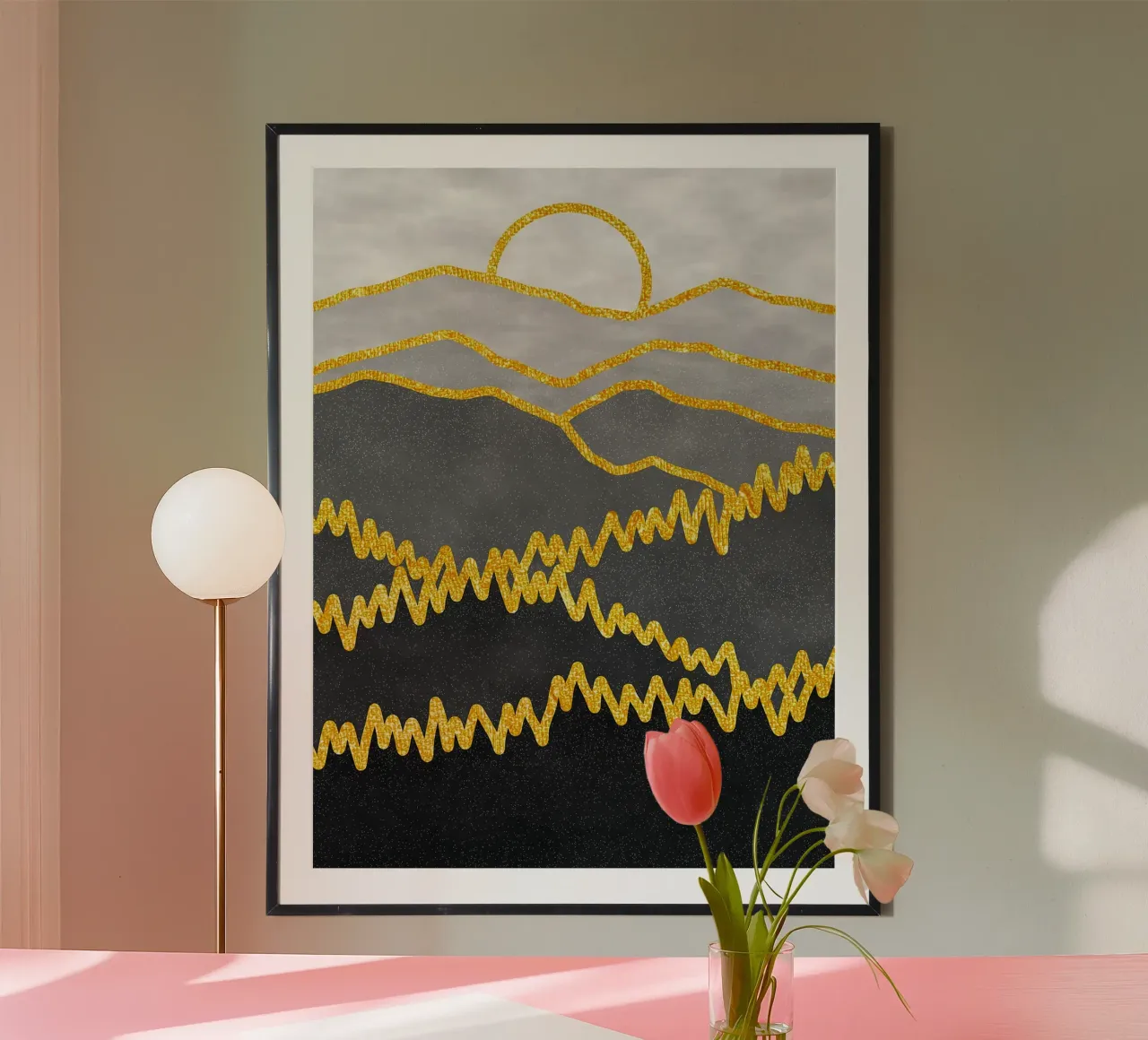 oro di montagna poster con telaio in legno da Maria Lang