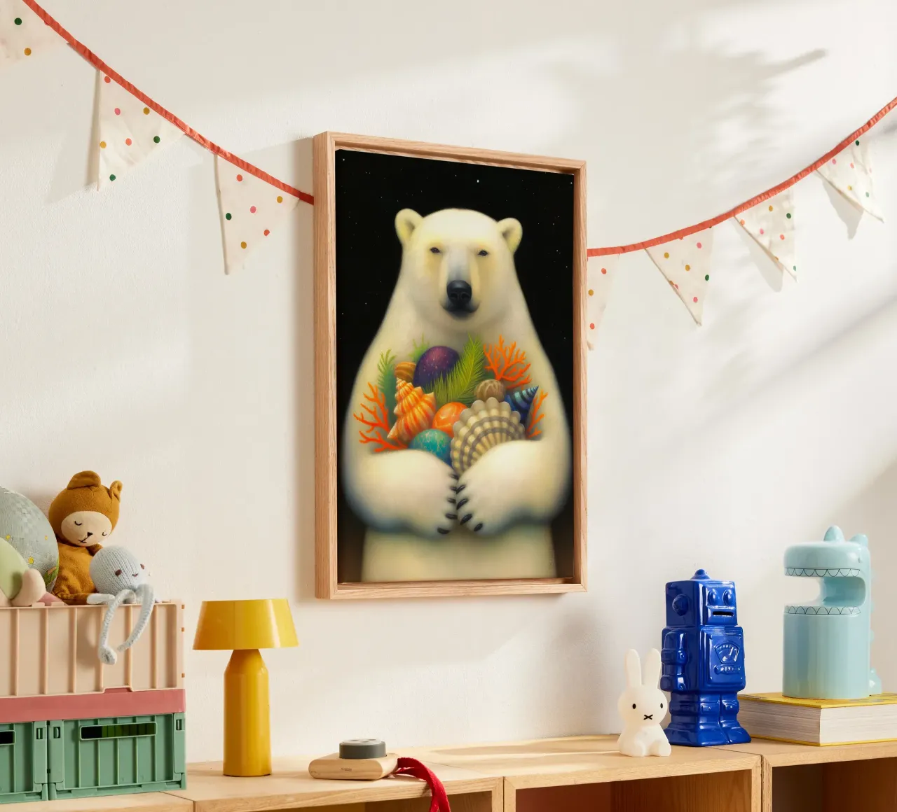 Polar Bear with Seashell and Starfish canvas with Floater frame by Fleur de Lys