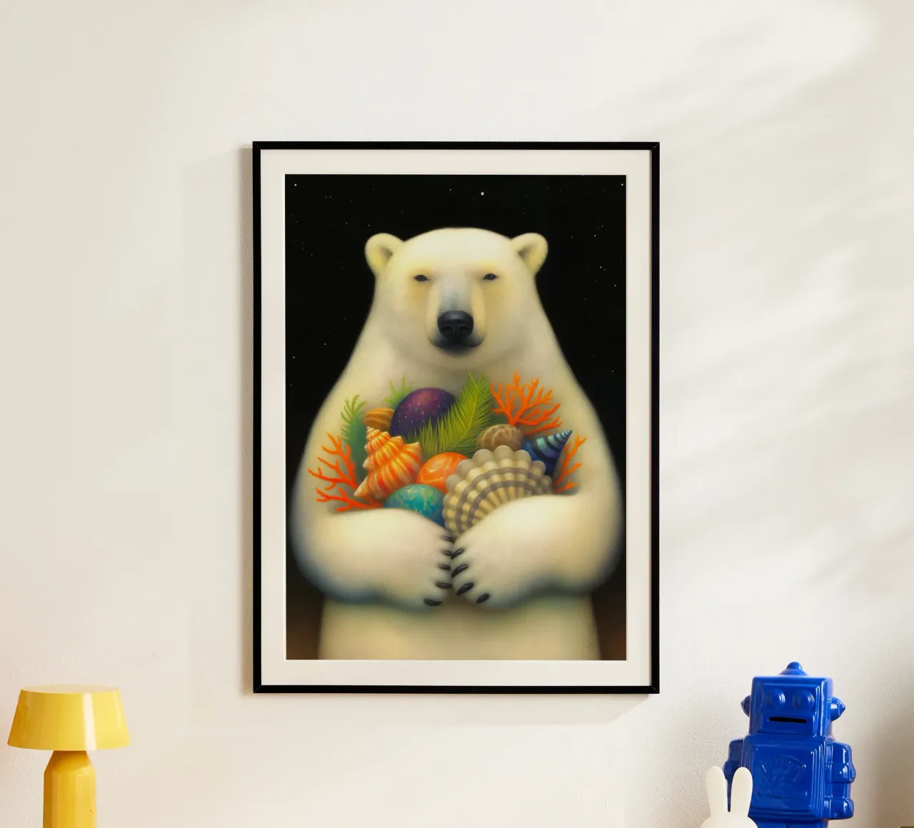 IJsbeer met zeeschelp en zeester poster met houten frame van Fleur de Lys