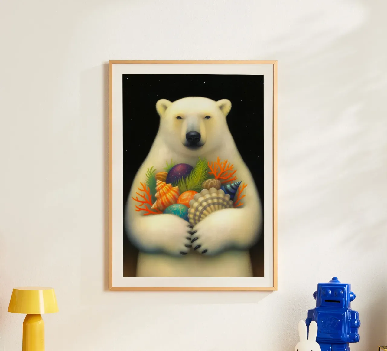 IJsbeer met zeeschelp en zeester poster met houten frame van Fleur de Lys