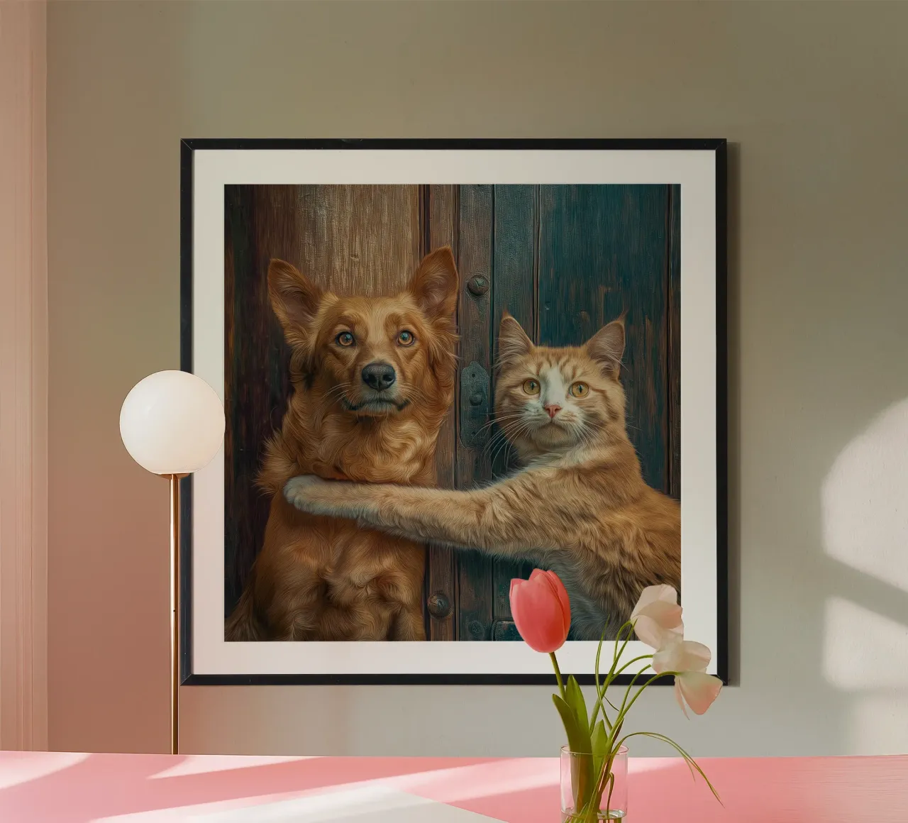 Amicizia (cane e gatto) poster con telaio in alluminio da Motivate-Today