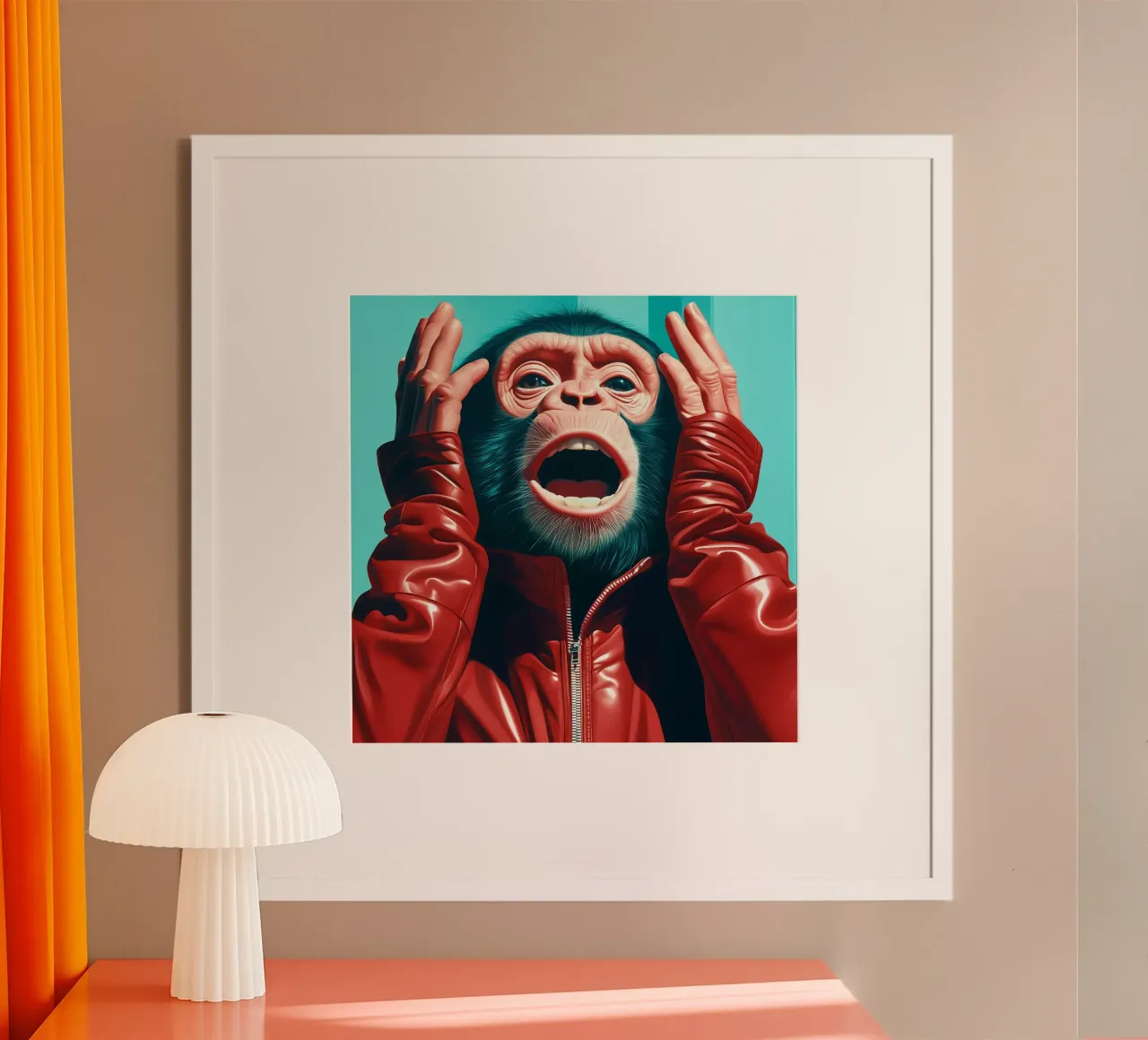 L'urlo primordiale: Lo scimpanzé alla moda poster con telaio in legno da Synthaira