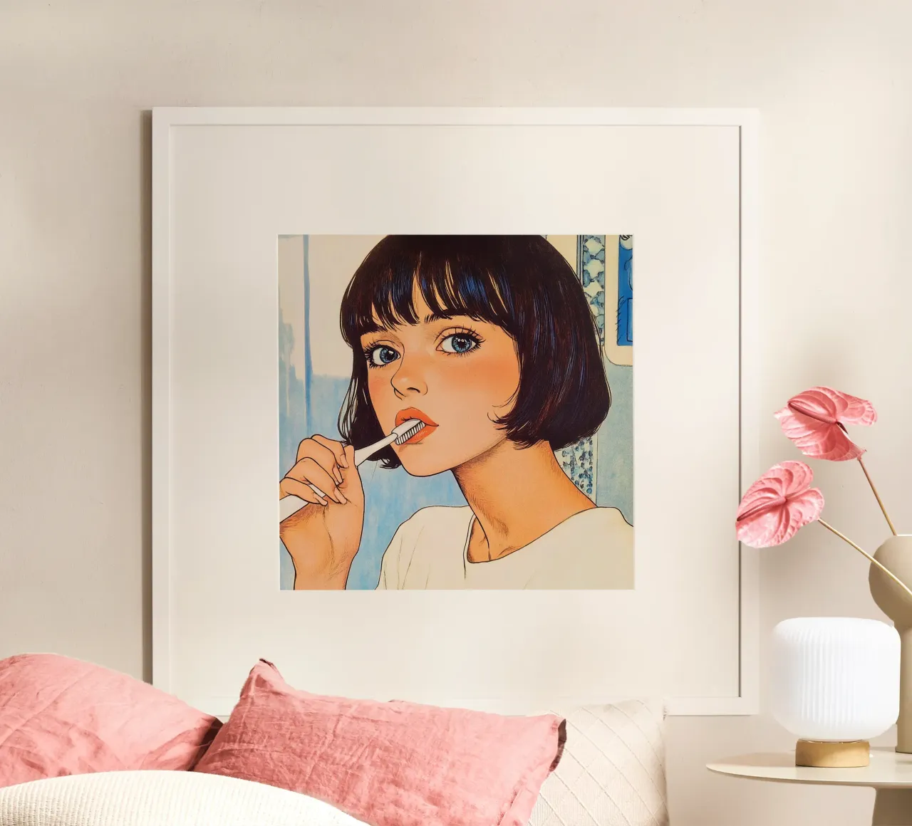 Routine mattutina "Kawaii Clean" per gli anime poster con telaio in legno da Synthaira