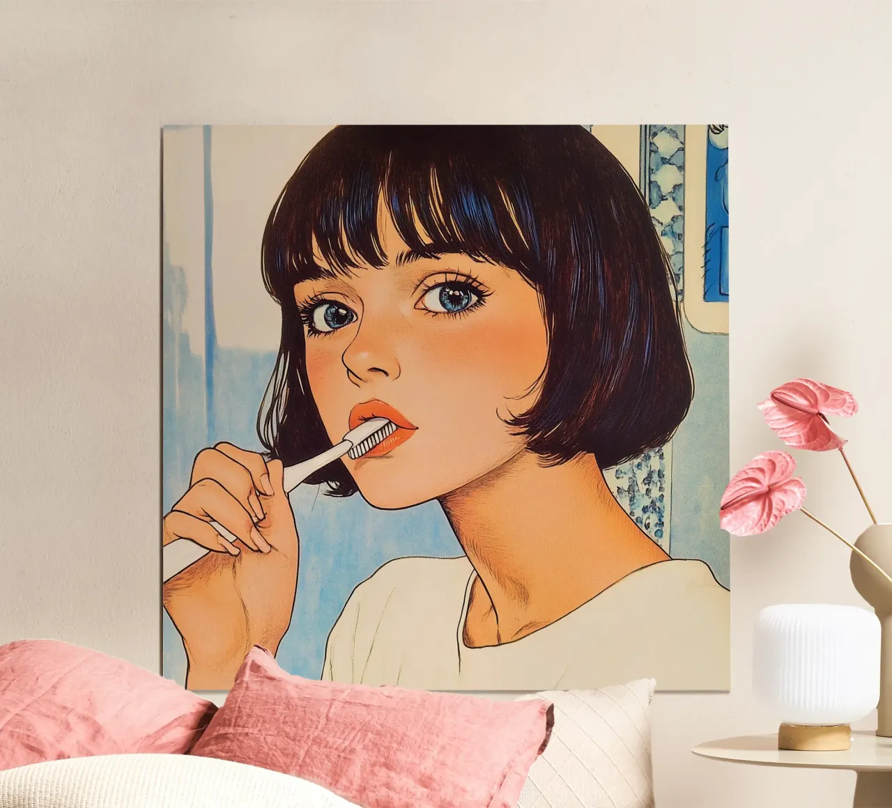 Routine mattutina "Kawaii Clean" per gli anime poster con telaio in legno da Synthaira