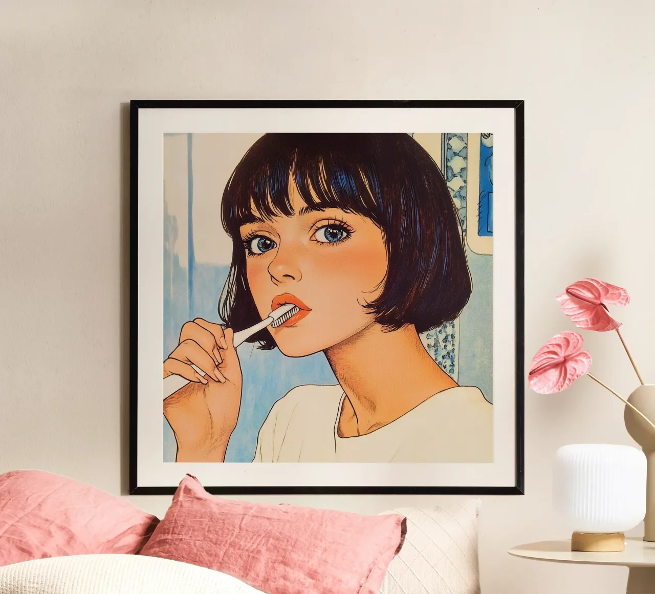 Routine mattutina "Kawaii Clean" per gli anime poster con telaio in legno da Synthaira