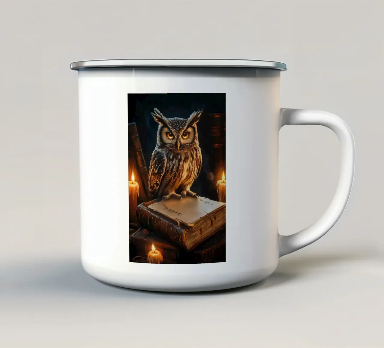 Gufo saggio con vecchi libri tazza in smalto da pixelbull - medieval art and more
