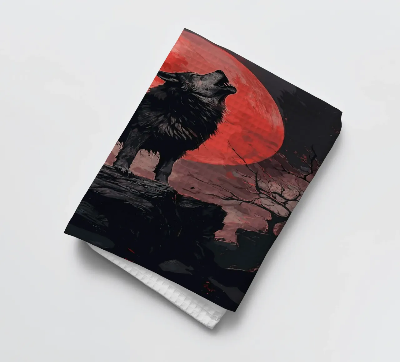 Loup hurlant avant la lune de sang torchon de pixelbull - medieval art and more