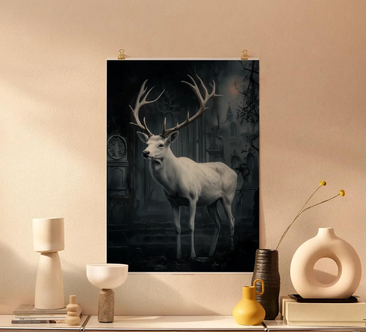 Ciervo blanco en catedral abandonada poster con marco de madera de pixelbull - medieval art and more