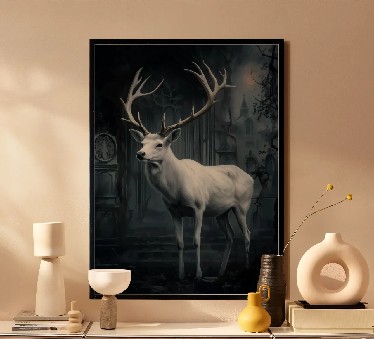 Ciervo blanco en catedral abandonada poster con marco de madera de pixelbull - medieval art and more