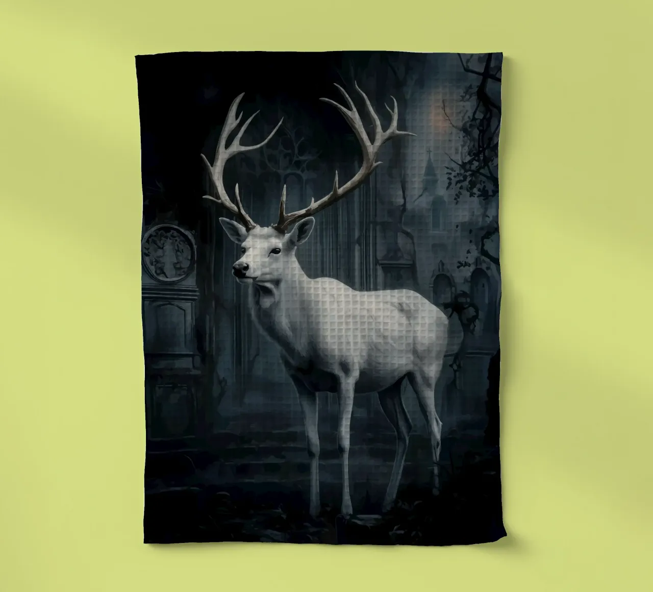 Cerf blanc dans une cathédrale abandonnée torchon de pixelbull - medieval art and more