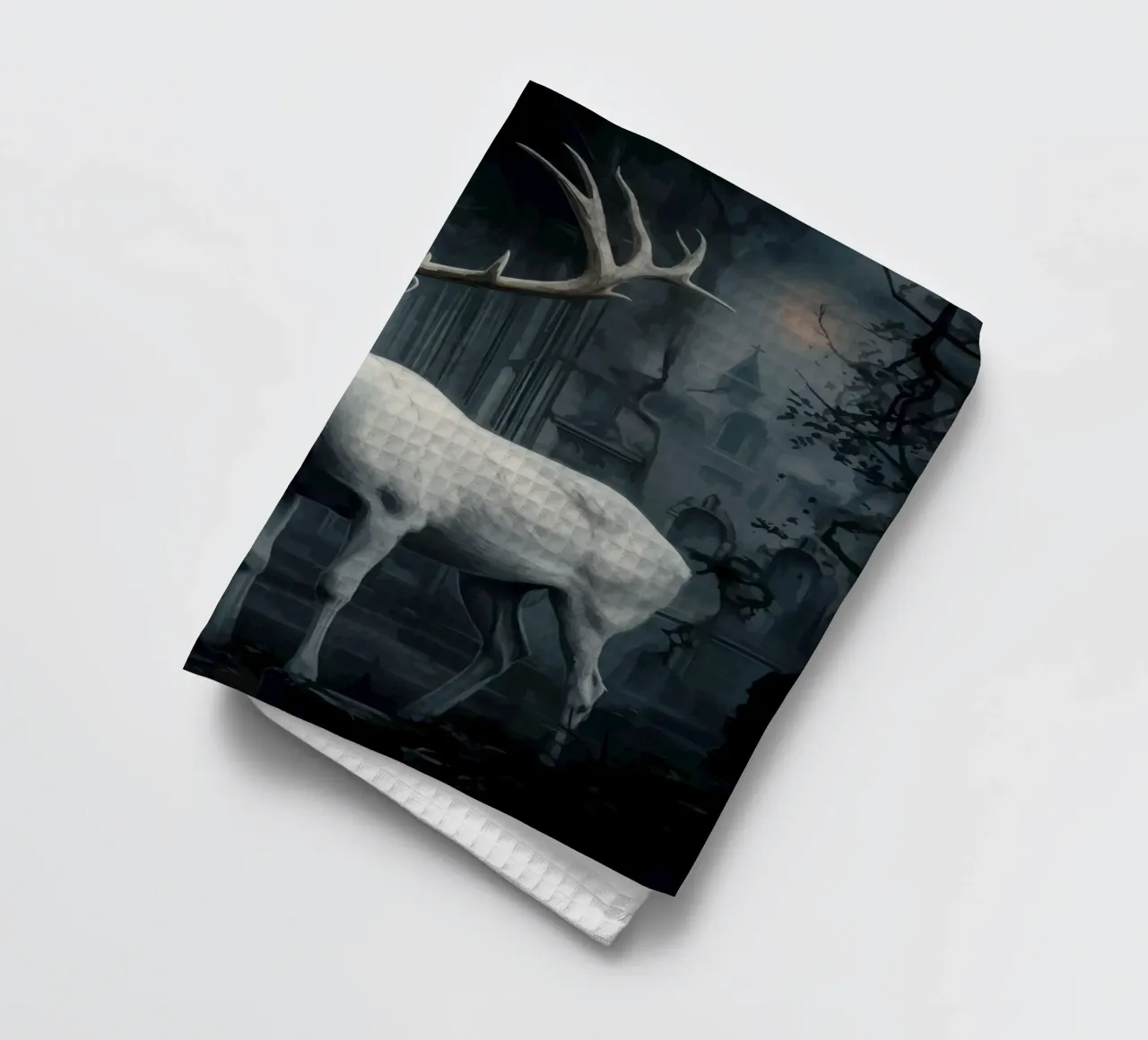 Cerf blanc dans une cathédrale abandonnée torchon de pixelbull - medieval art and more