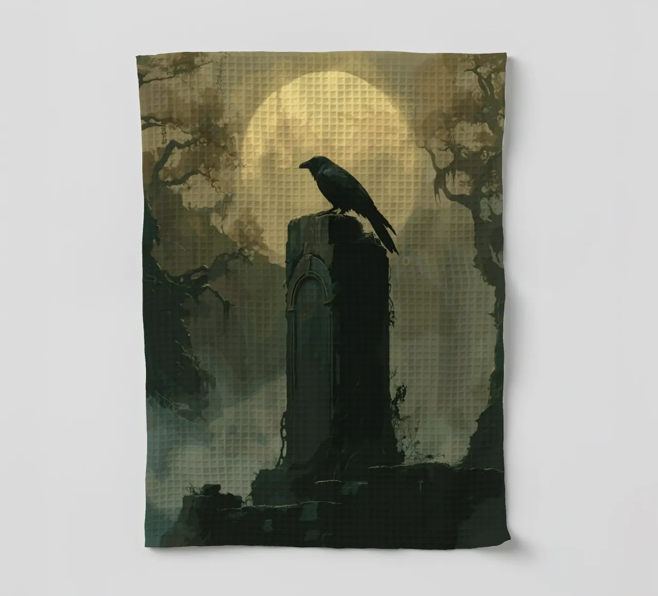 Corbeau sur une ancienne stèle funéraire torchon de pixelbull - medieval art and more