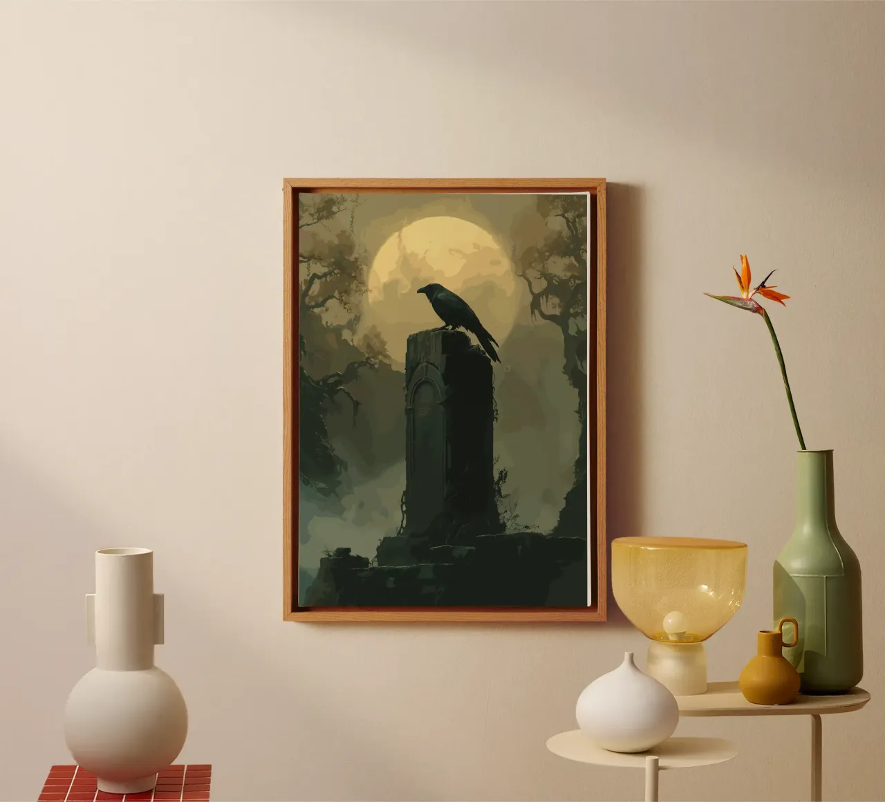 Raven on an ancient gravestone canvas with Floater frame by pixelbull - medieval art and more