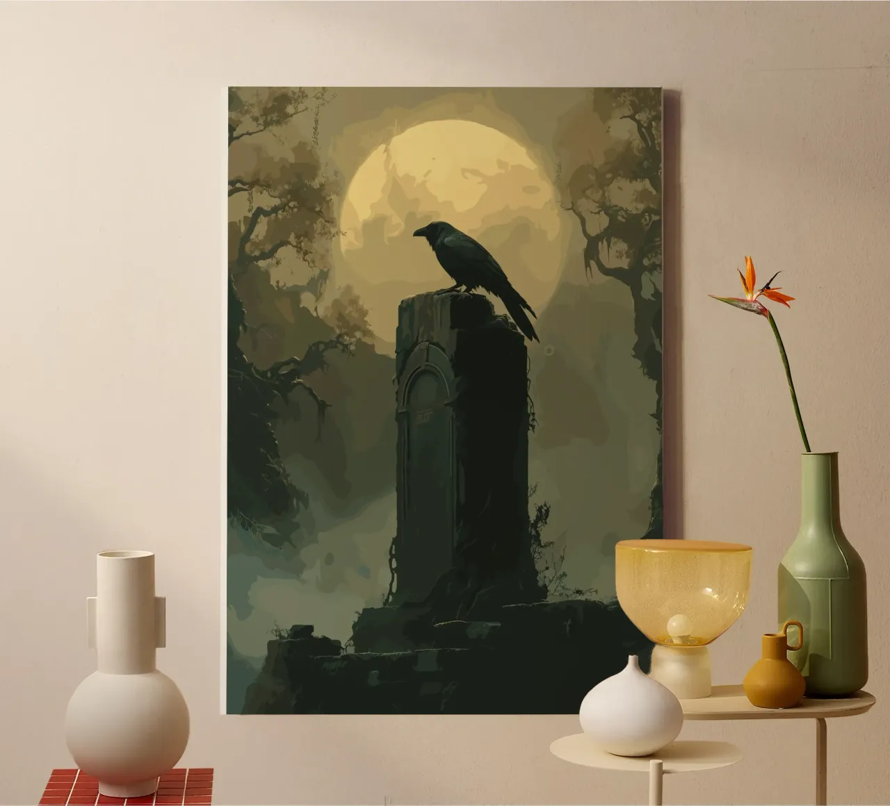 Raven on an ancient gravestone canvas with Floater frame by pixelbull - medieval art and more