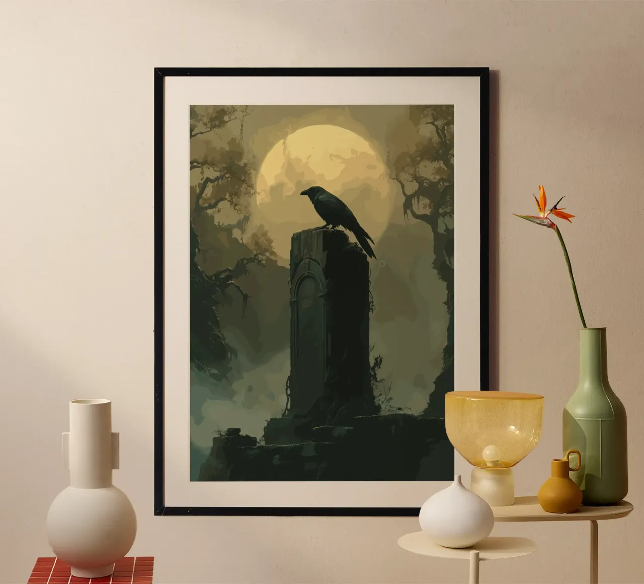 Corvo su un'antica lapide poster con telaio in legno da pixelbull - medieval art and more