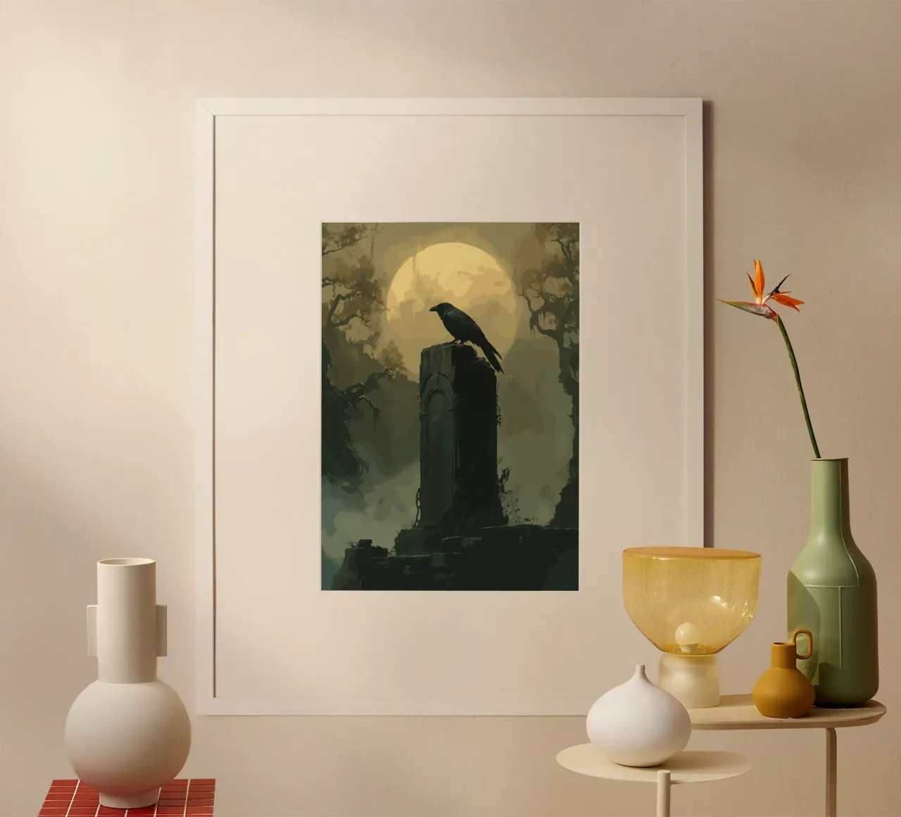 Corvo su un'antica lapide poster con telaio in legno da pixelbull - medieval art and more
