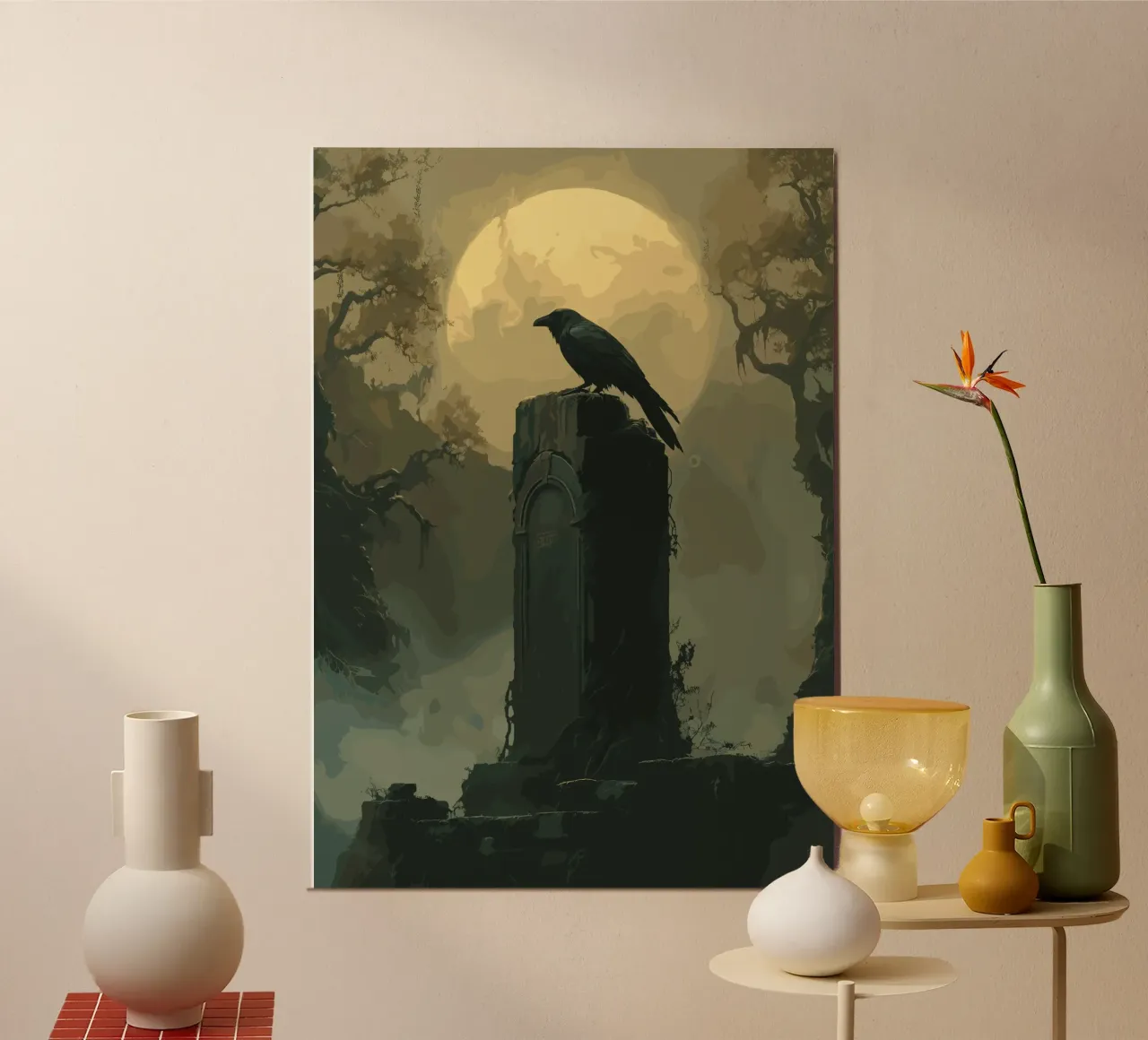 Corvo su un'antica lapide poster con telaio in legno da pixelbull - medieval art and more