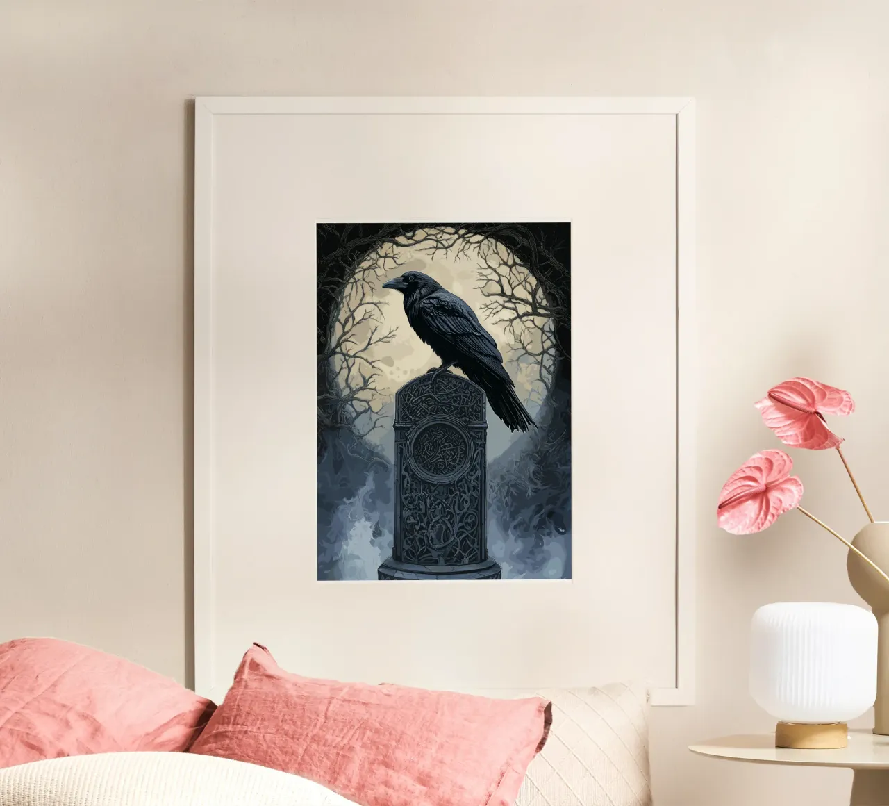 Corbeau sur une ancienne stèle funéraire poster avec cadre en plastique de pixelbull - medieval art and more