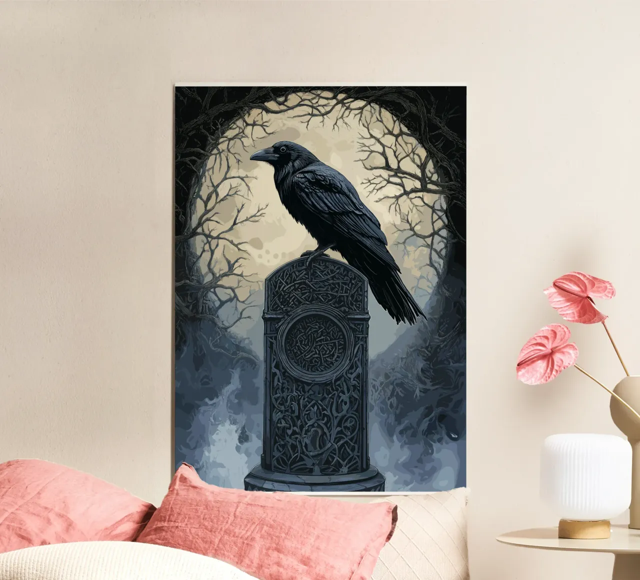 Corbeau sur une ancienne stèle funéraire poster avec cadre en plastique de pixelbull - medieval art and more