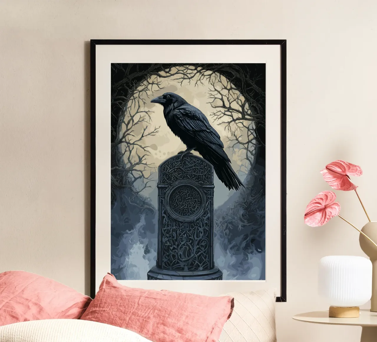 Corbeau sur une ancienne stèle funéraire poster avec cadre en plastique de pixelbull - medieval art and more