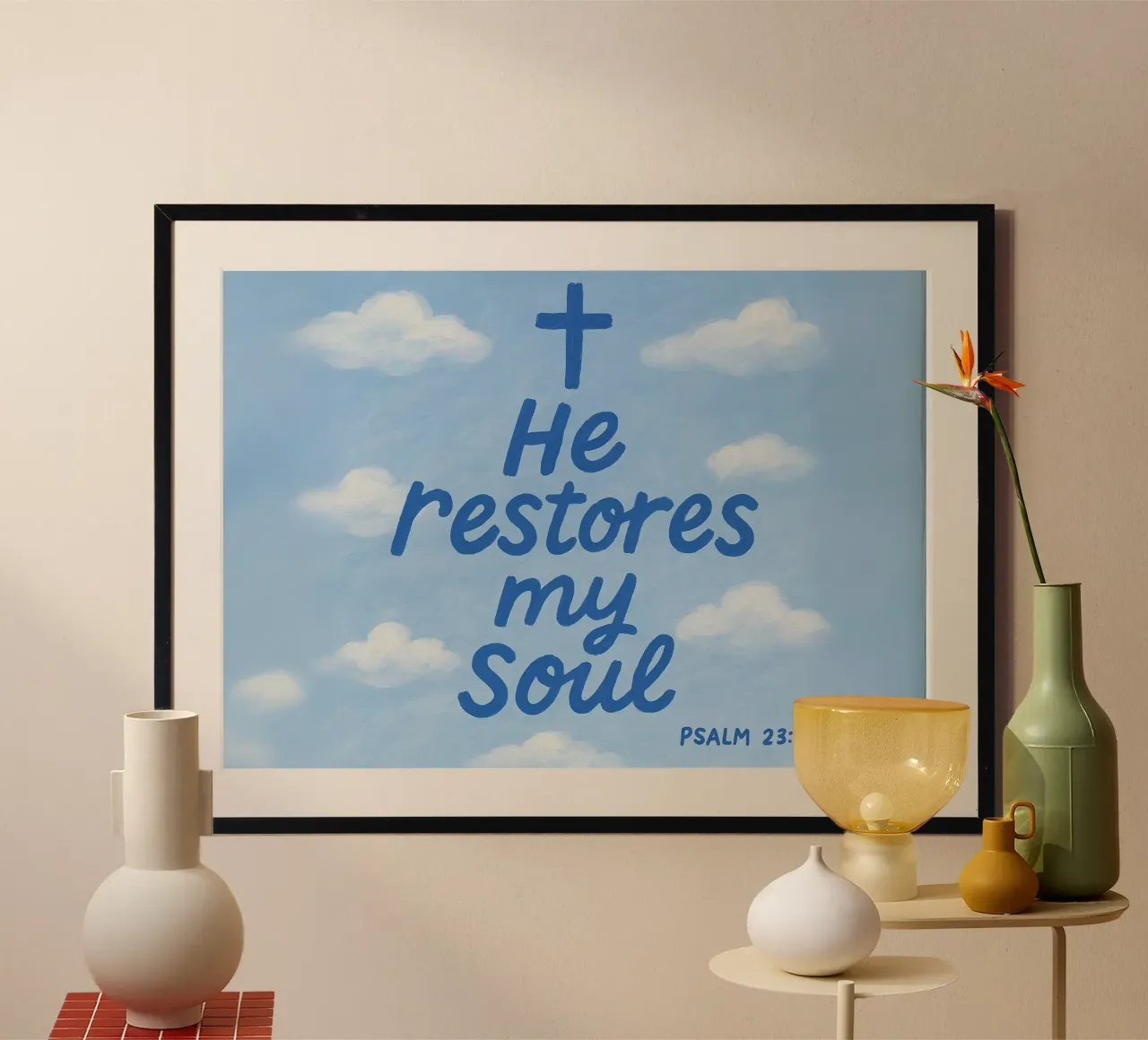 Egli restaura la mia anima - Salmo 23:3 Poster per il cielo poster da vintagepod