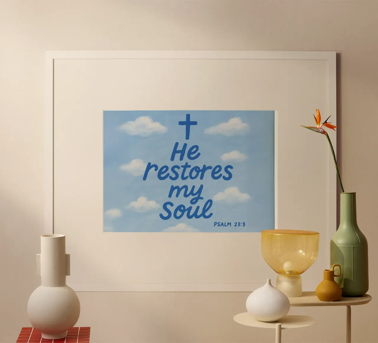 Egli restaura la mia anima - Salmo 23:3 Poster per il cielo poster da vintagepod