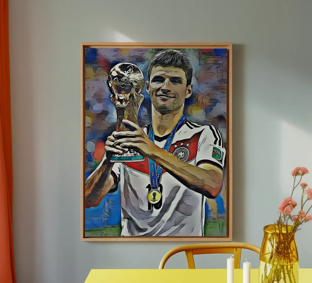 Thomas Müller, World Cup Champion, Smiling while Holding the canvas with Floater frame by dark eagle