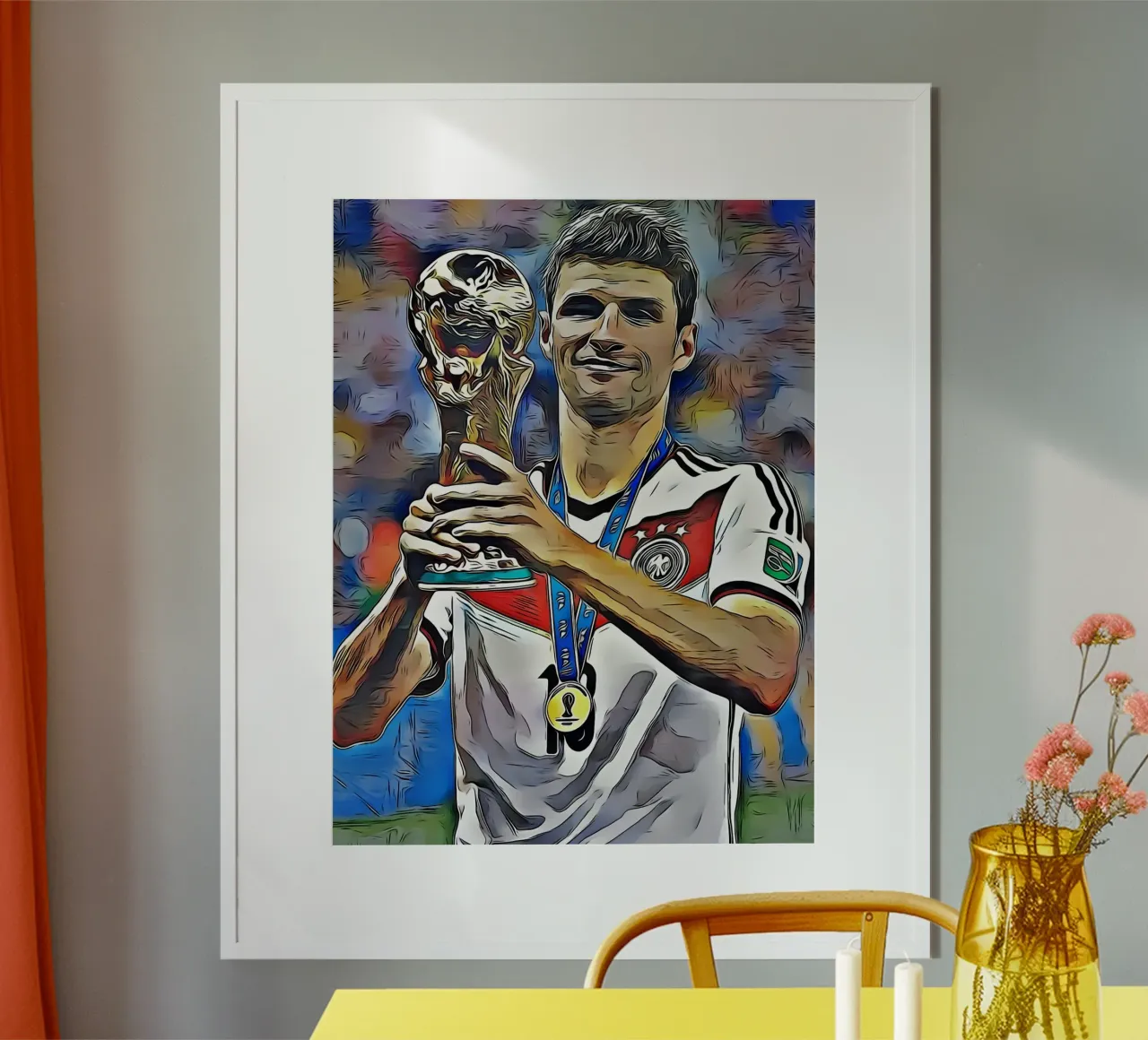 Thomas Müller, World Cup Champion, Smiling while Holding the poster with wooden frame by dark eagle