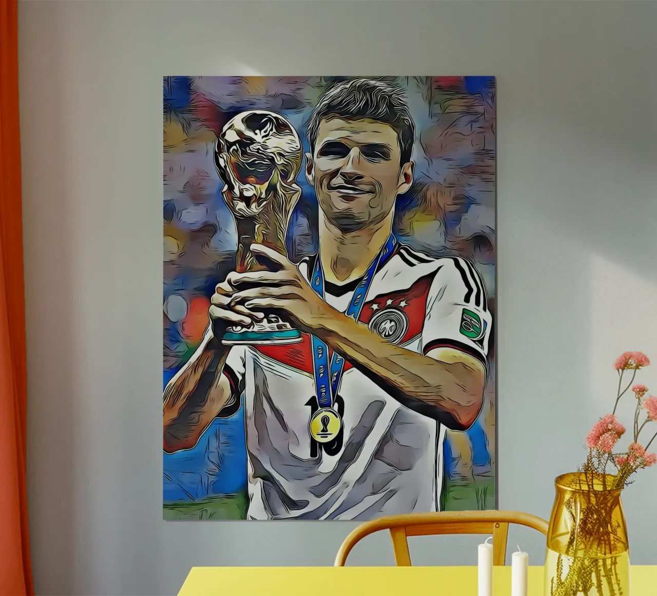 Thomas Müller, World Cup Champion, Smiling while Holding the poster with wooden frame by dark eagle