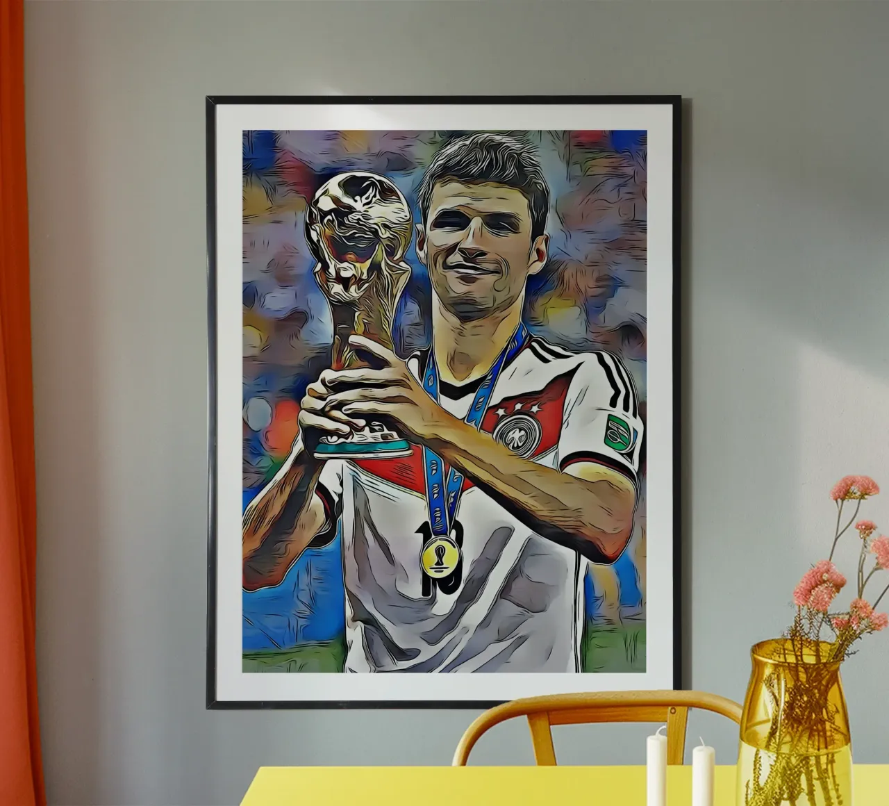 Thomas Müller, World Cup Champion, Smiling while Holding the poster with wooden frame by dark eagle