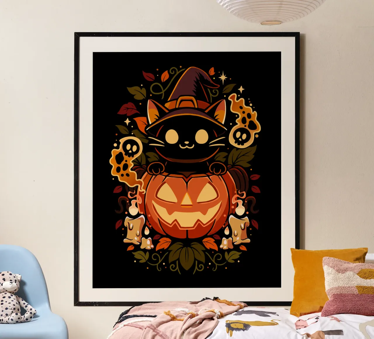 Fusa di zucca - Gatto carino di Halloween poster con telaio in legno da LM2KONE