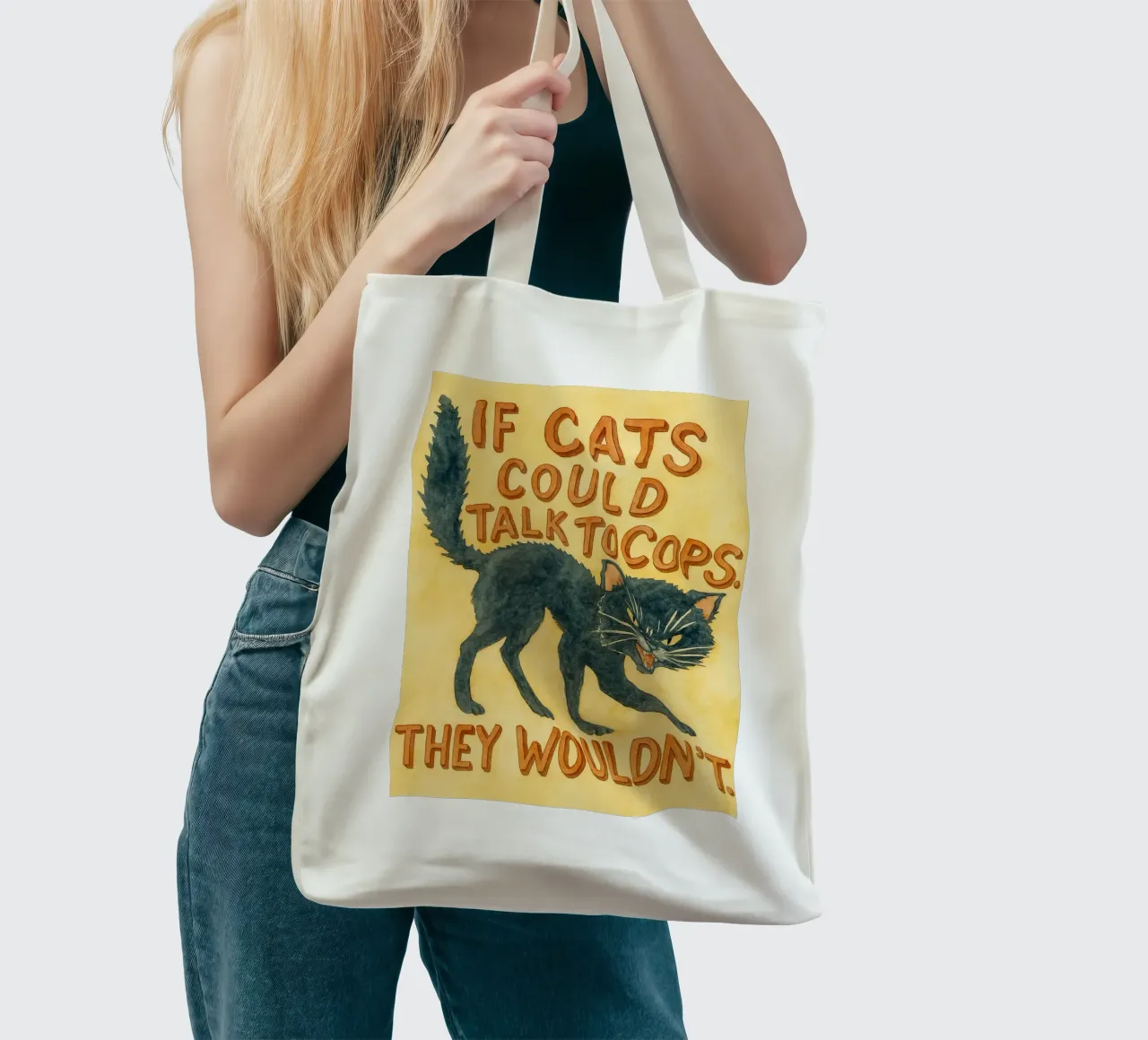 gatto nero faccia arrabbiata borsa in juta da mompunks